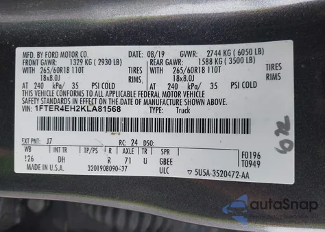 2019 Ford Ranger Lariat from USA, damaged, VIN 1FTER4EH2KLA81568